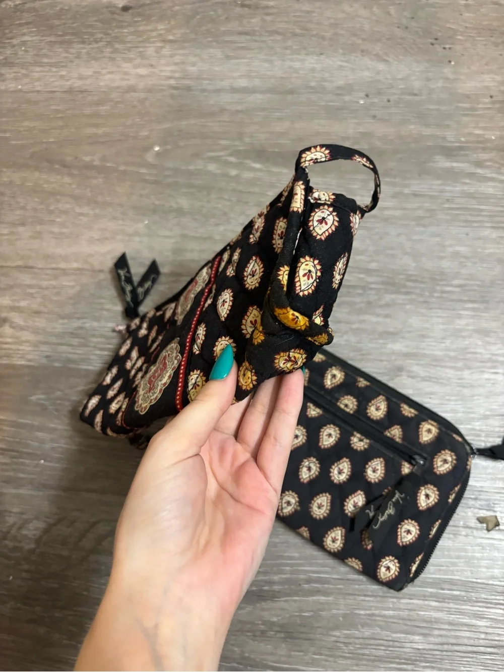 Retired Vera Bradley Black Paisley Quilted Wristlet and Zip Pouch Set